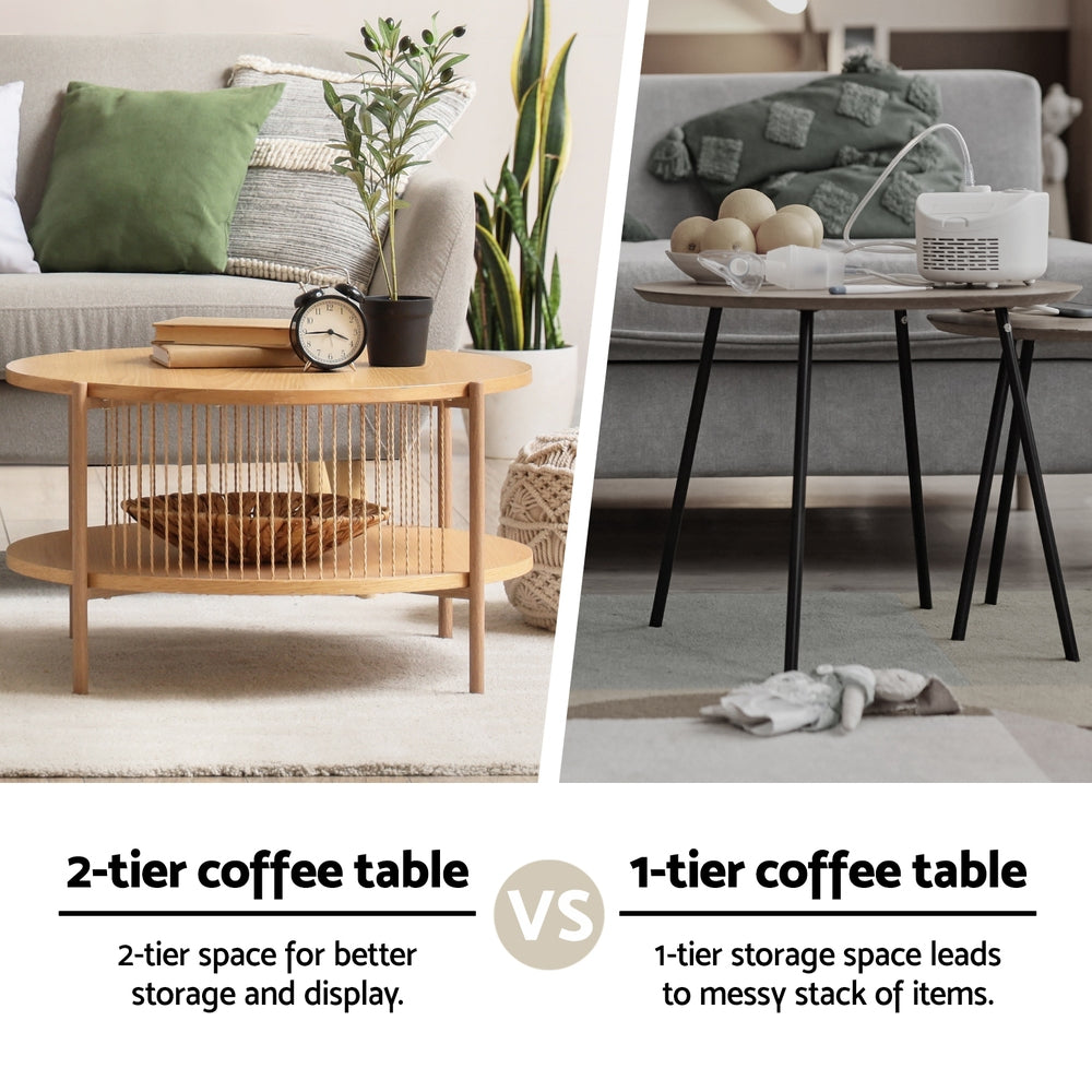 Artiss Pine Round Coffee Table Set 2-Tier Rustic Style