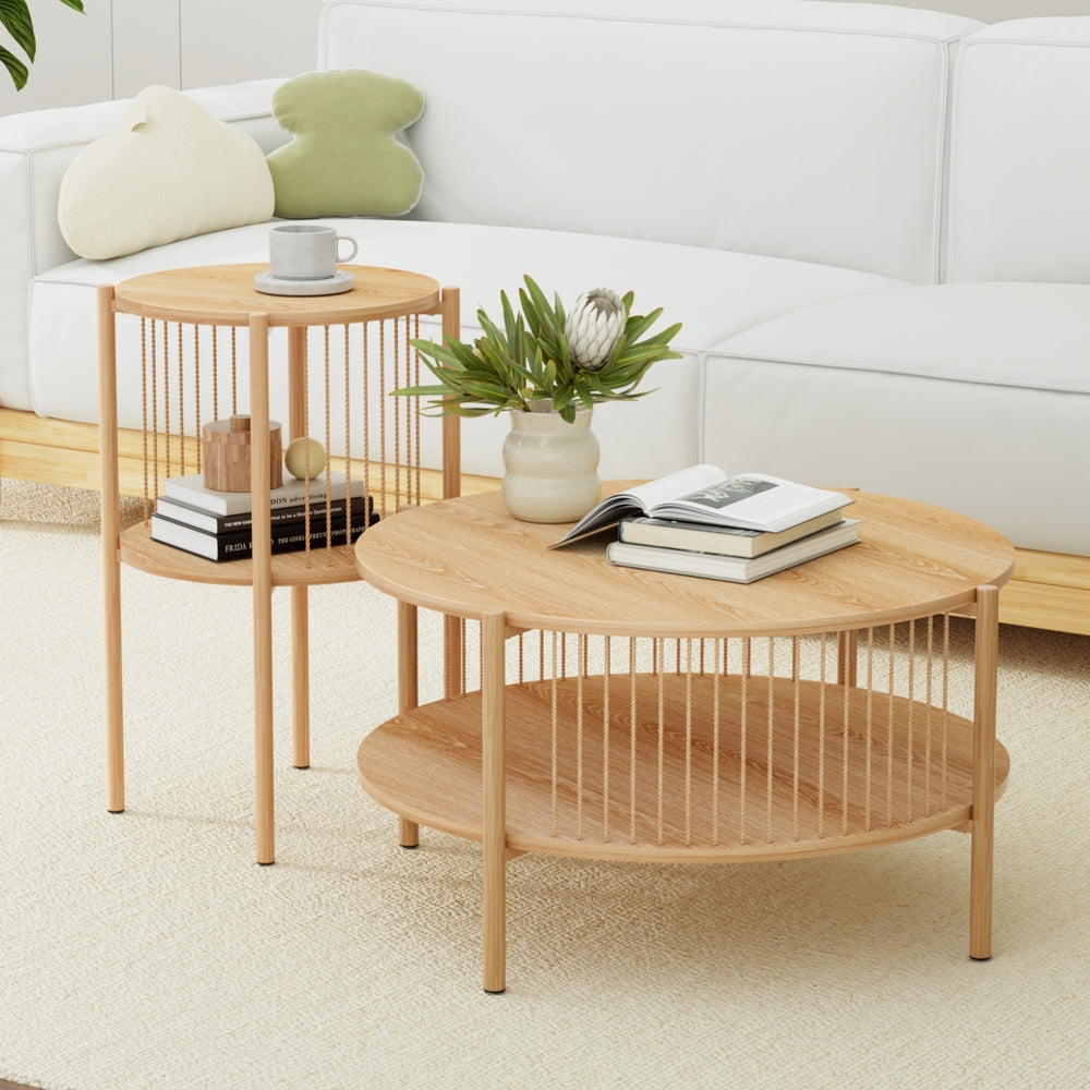 Artiss Pine Round Coffee Table Set 2-Tier Rustic Style