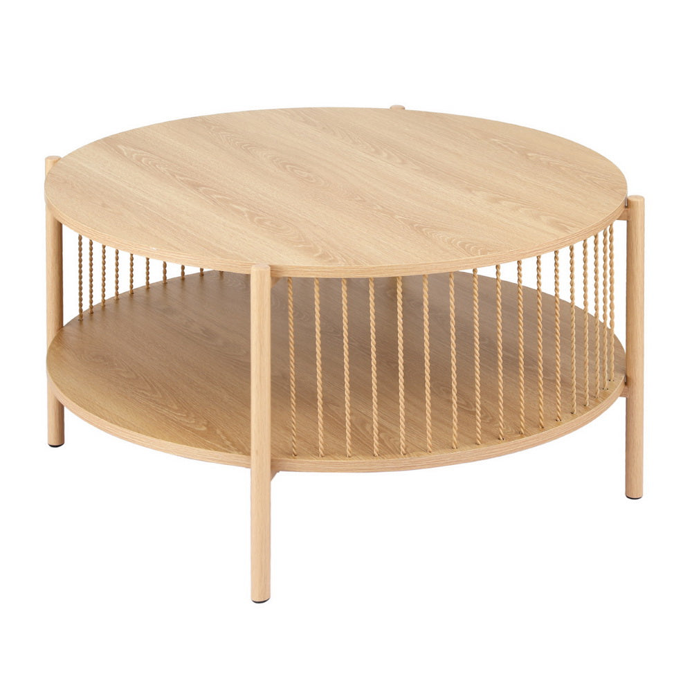 Artiss Round 2-Tier Wood Coffee Table with Storage Shelves