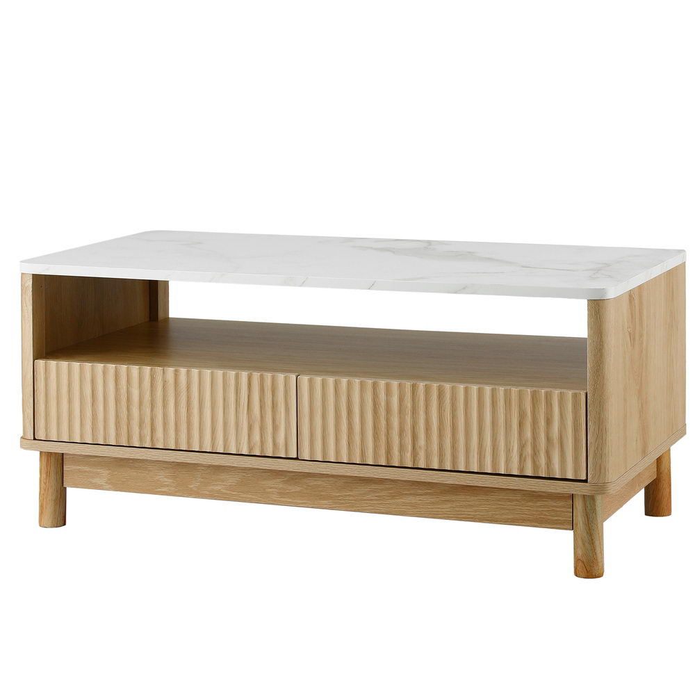 Artiss Coffee Table with Drawer and Shelf, Marble Effect, Wood & White