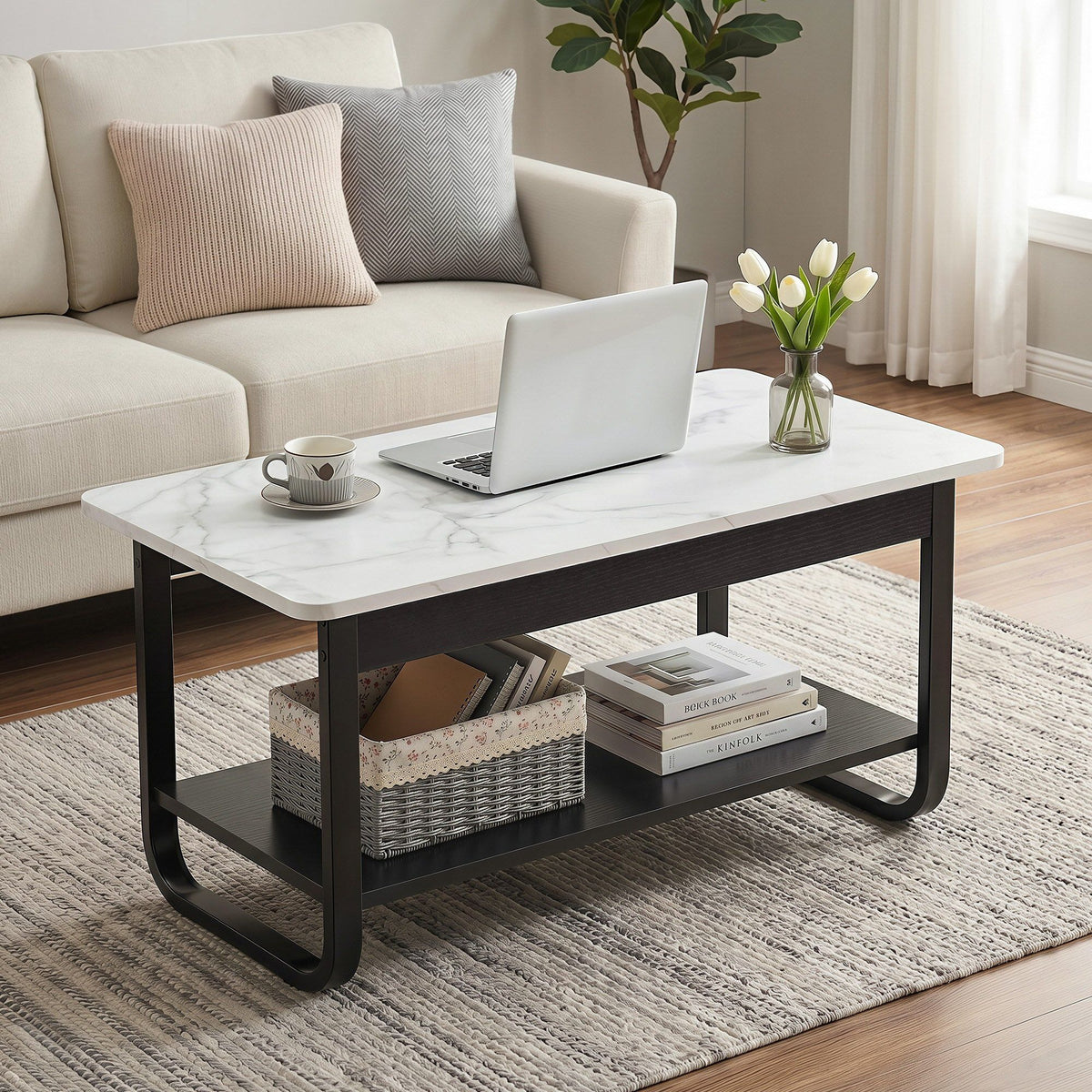 Artiss 2-Tier Coffee Table 80cm Marble Finish Black&White