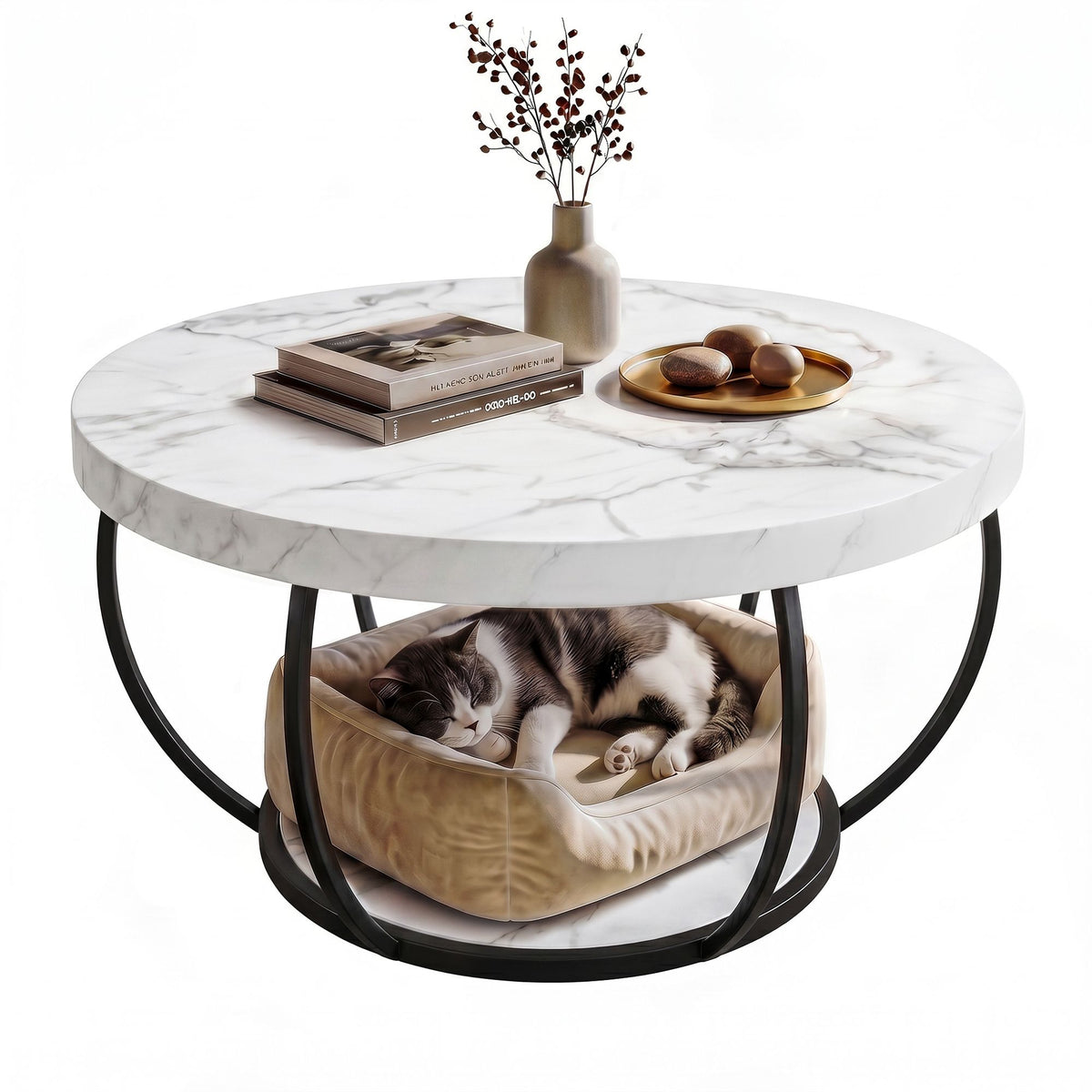 Artiss 2-Tier Round Coffee Table 80cm Marble Finish White&Black