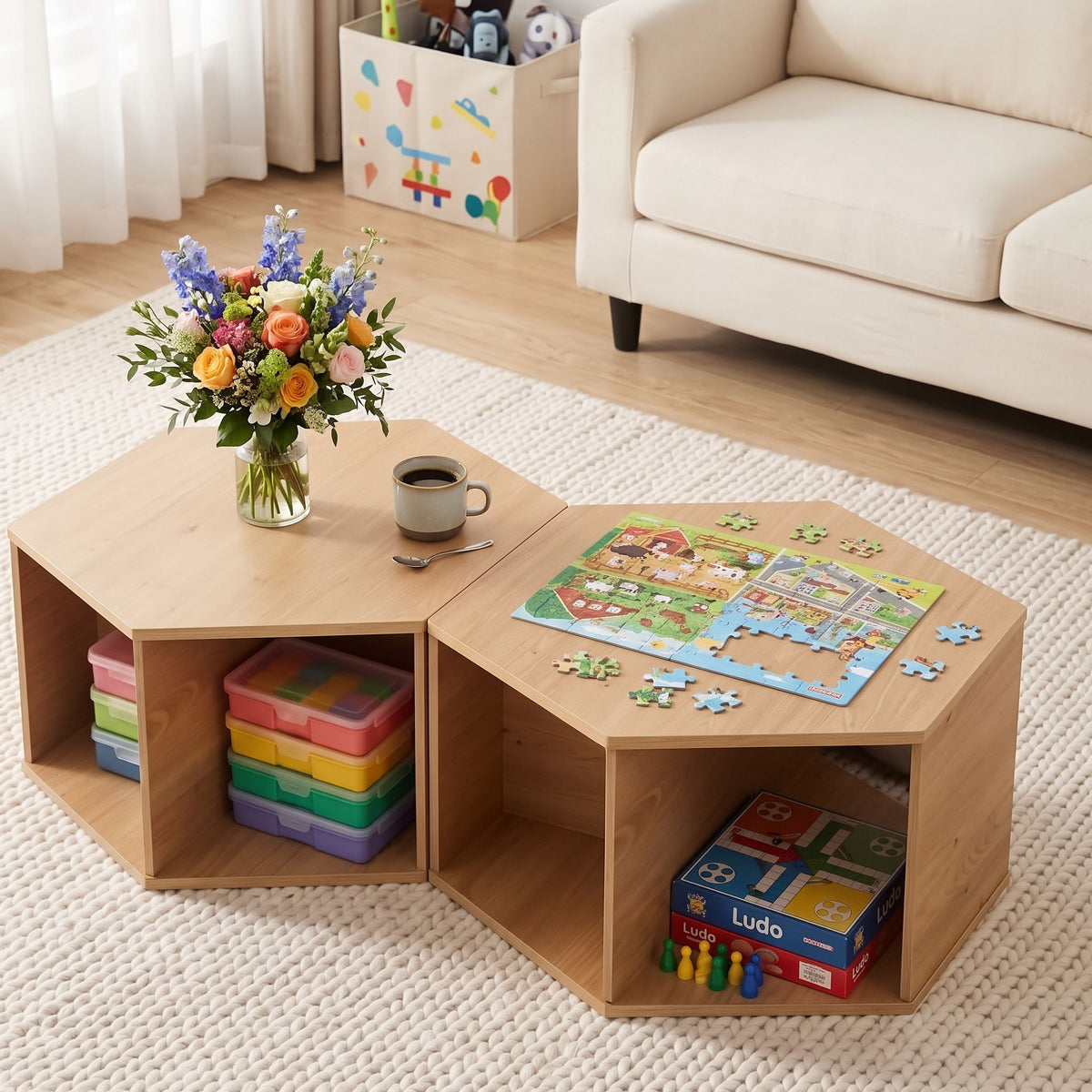 Artiss Set of 2 Hexagonal Coffee Table with Open Storage Wood
