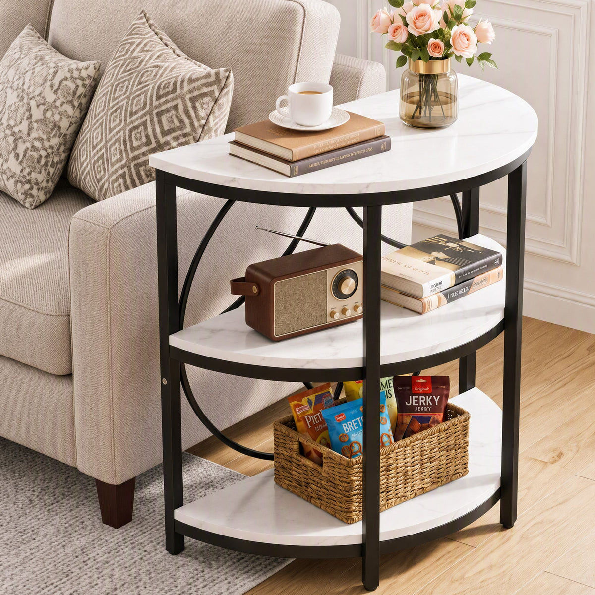 Artiss 3 Tier Semi-Circle End Table Marble Effect White & Black