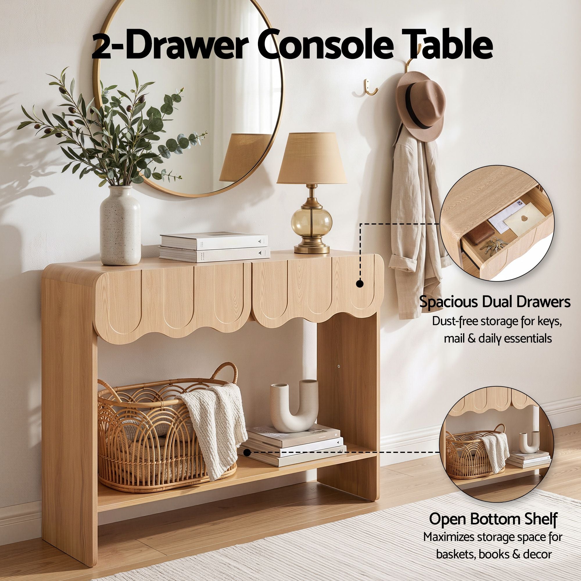 Artiss 2-Drawer Console Table, Scalloped Entryway Table with Safe Rounded Corners, 100 x 31 x 80 cm