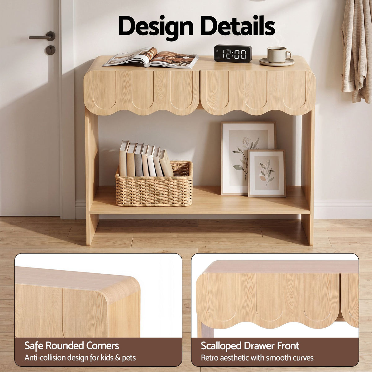 Artiss 2-Drawer Console Table, Scalloped Entryway Table with Safe Rounded Corners, 100 x 31 x 80 cm