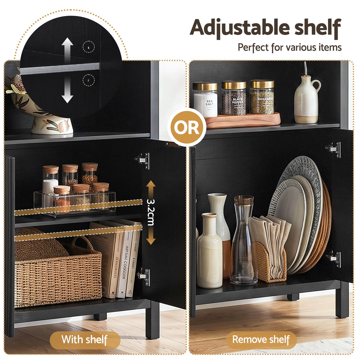 Artiss Buffet Sideboard Cabinet Pantry 180CM Arched Storage Bookshelf Black
