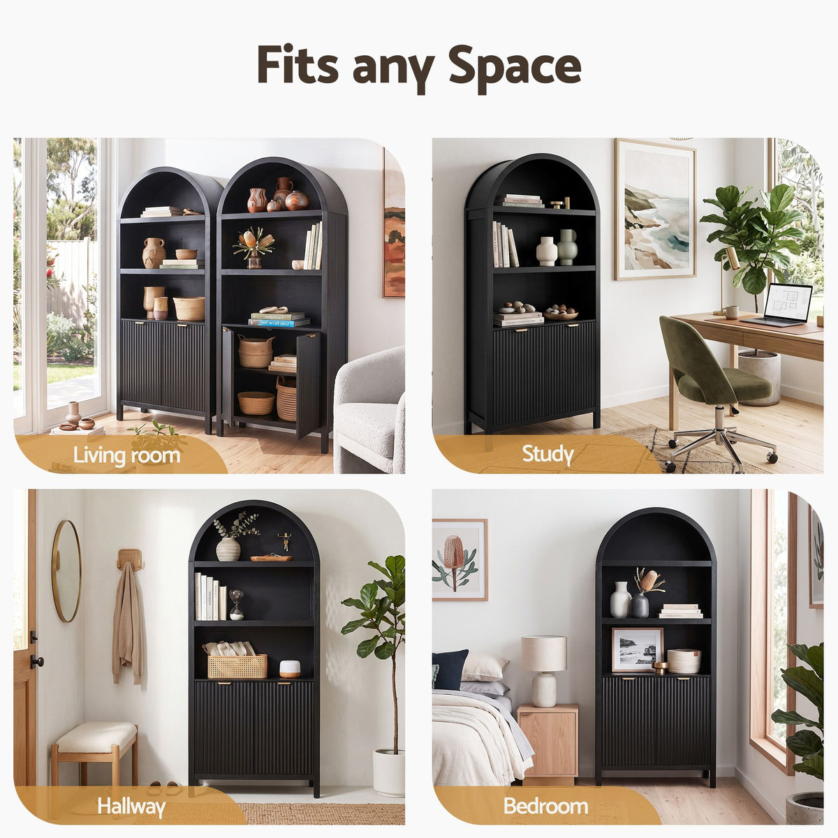 Artiss Buffet Sideboard Cabinet Pantry X2 180CM Arched Storage Bookshelf Black