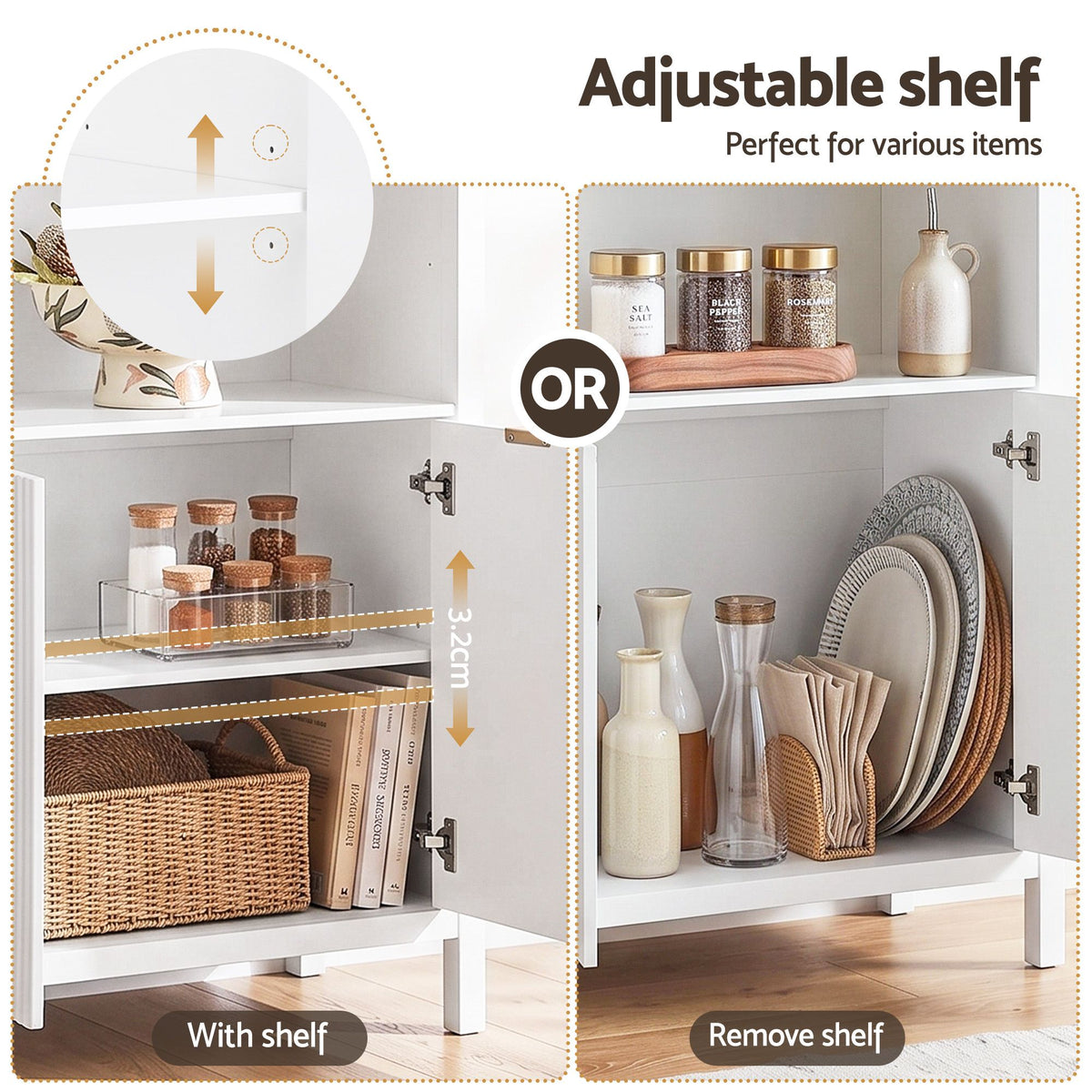 Artiss Buffet Sideboard Cabinet Pantry X2 180CM Arched Storage Bookshelf White