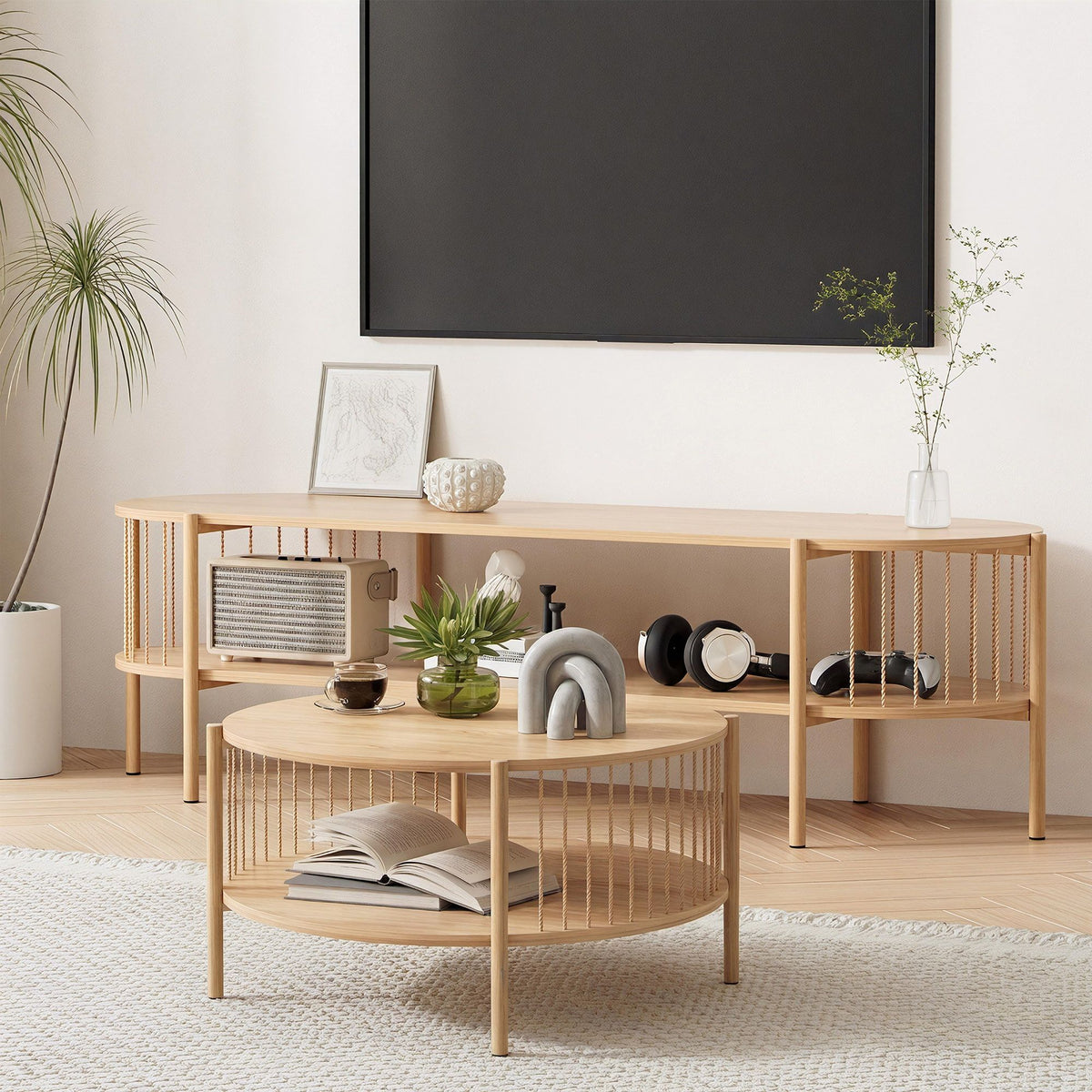 Artiss 2-Piece TV Unit and Coffee Table Set Pine