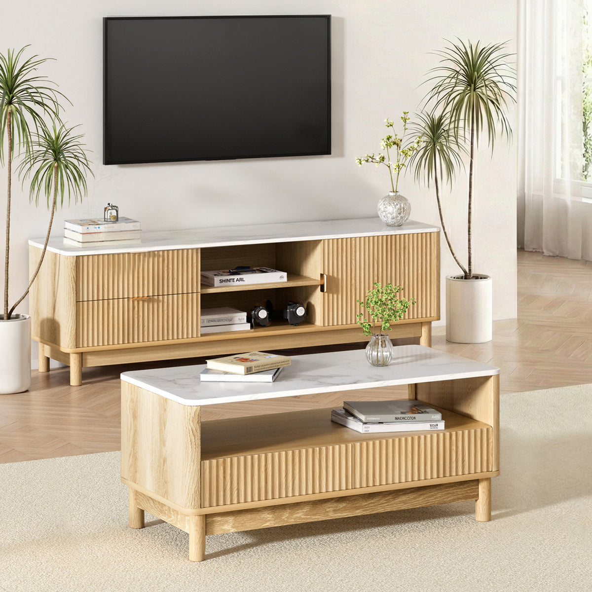 Artiss TV Entertainment Unit & Coffee Table Set Pine