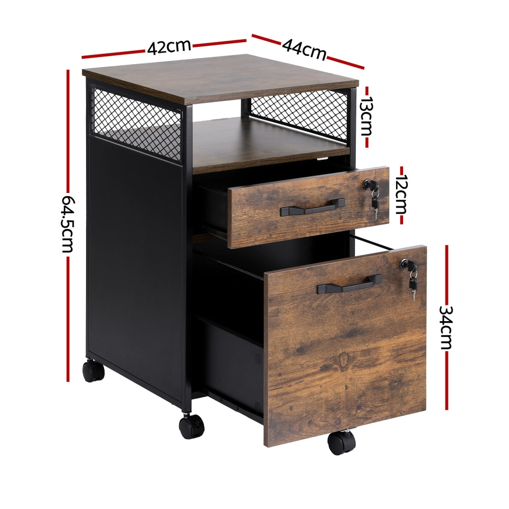 Artiss Filing Cabinet File Cabinet with Wheels 2 Drawer Storage Rustic Brown