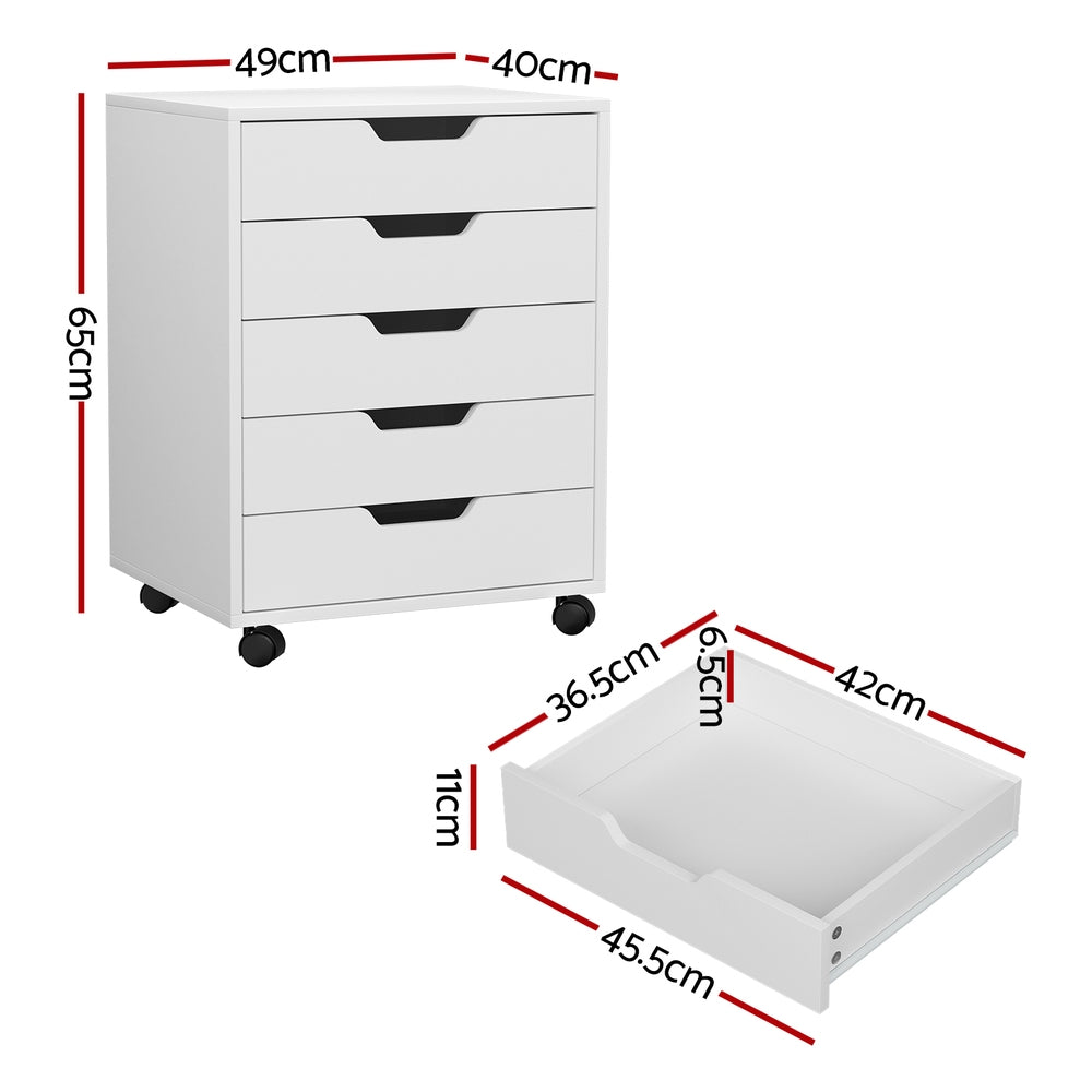 Artiss White 5-Drawer Mobile Filing Cabinet Rolling Storage