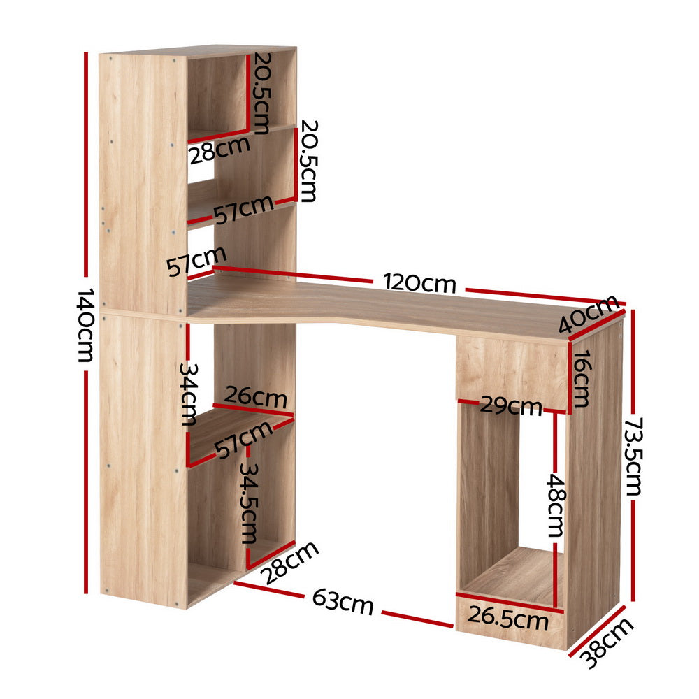 Oak 120CM Computer Desk with Bookshelf and Drawer