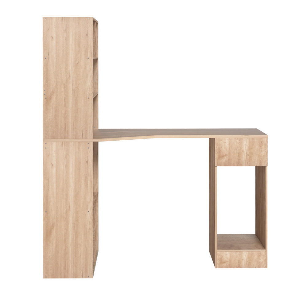 Oak 120CM Computer Desk with Bookshelf and Drawer