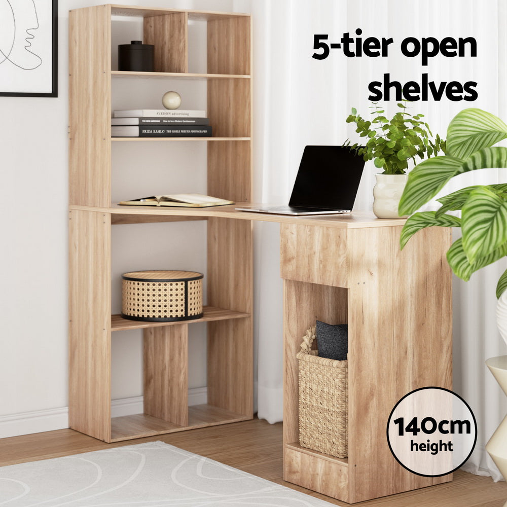 Oak 120CM Computer Desk with Bookshelf and Drawer