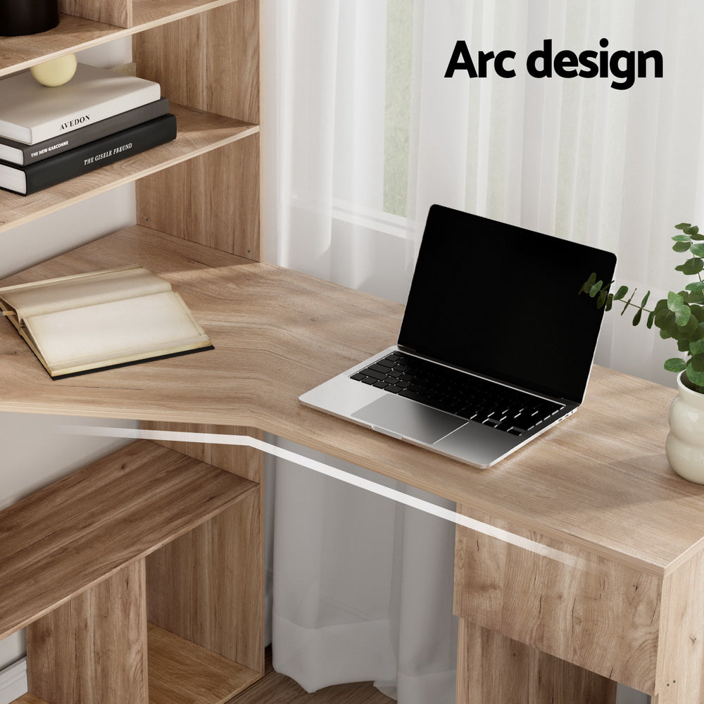 Oak 120CM Computer Desk with Bookshelf and Drawer
