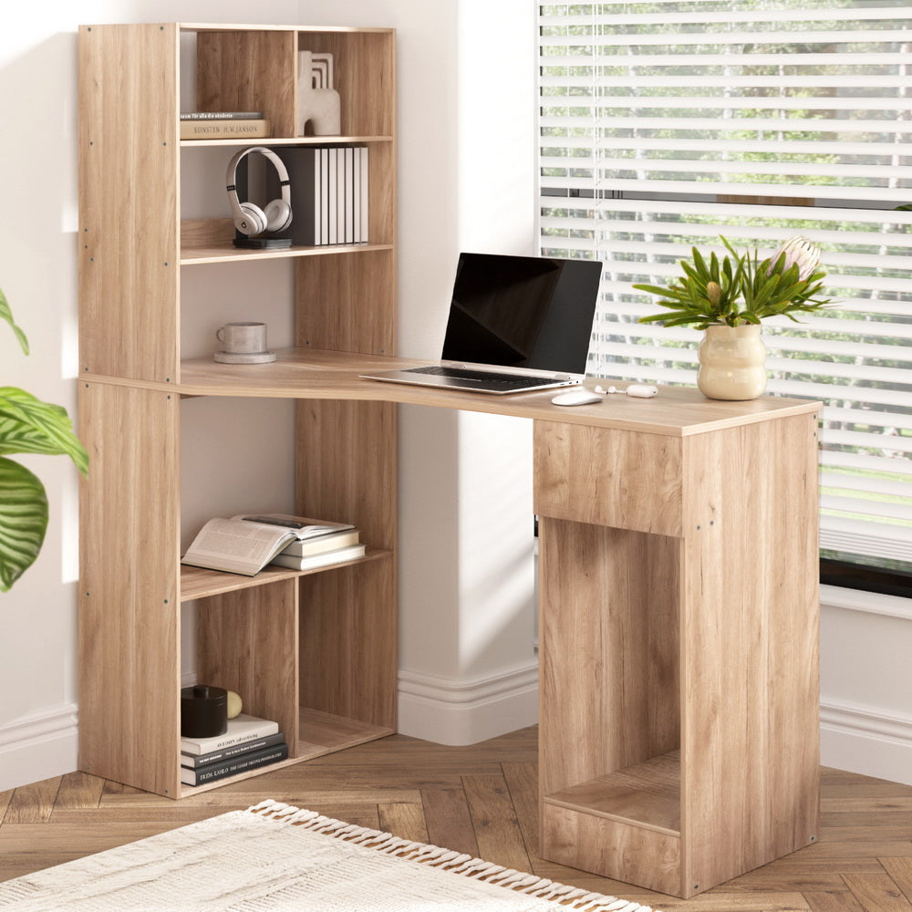 Oak 120CM Computer Desk with Bookshelf and Drawer