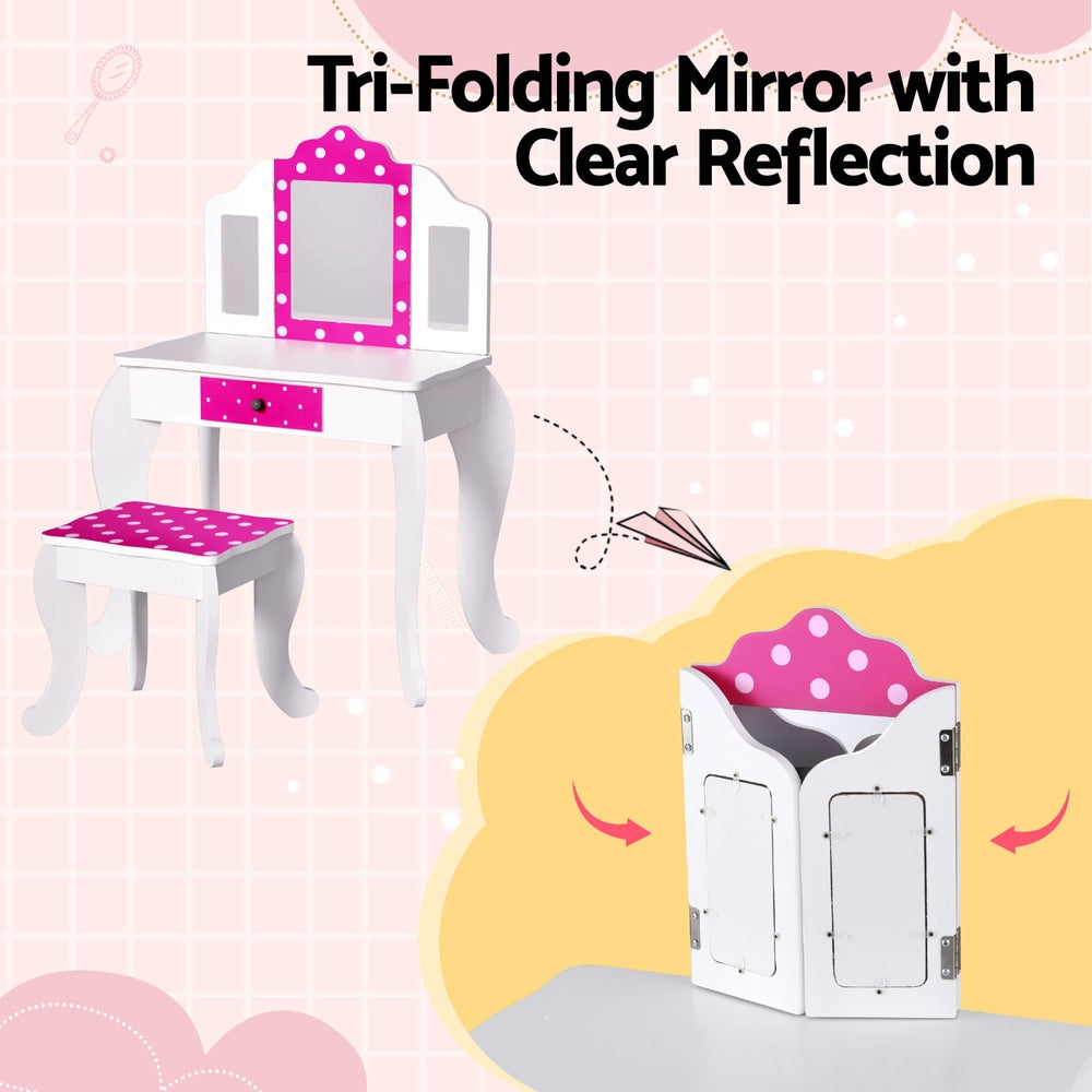 Keezi Kids Vanity Set Wooden 3-Mirror Drawer Pink