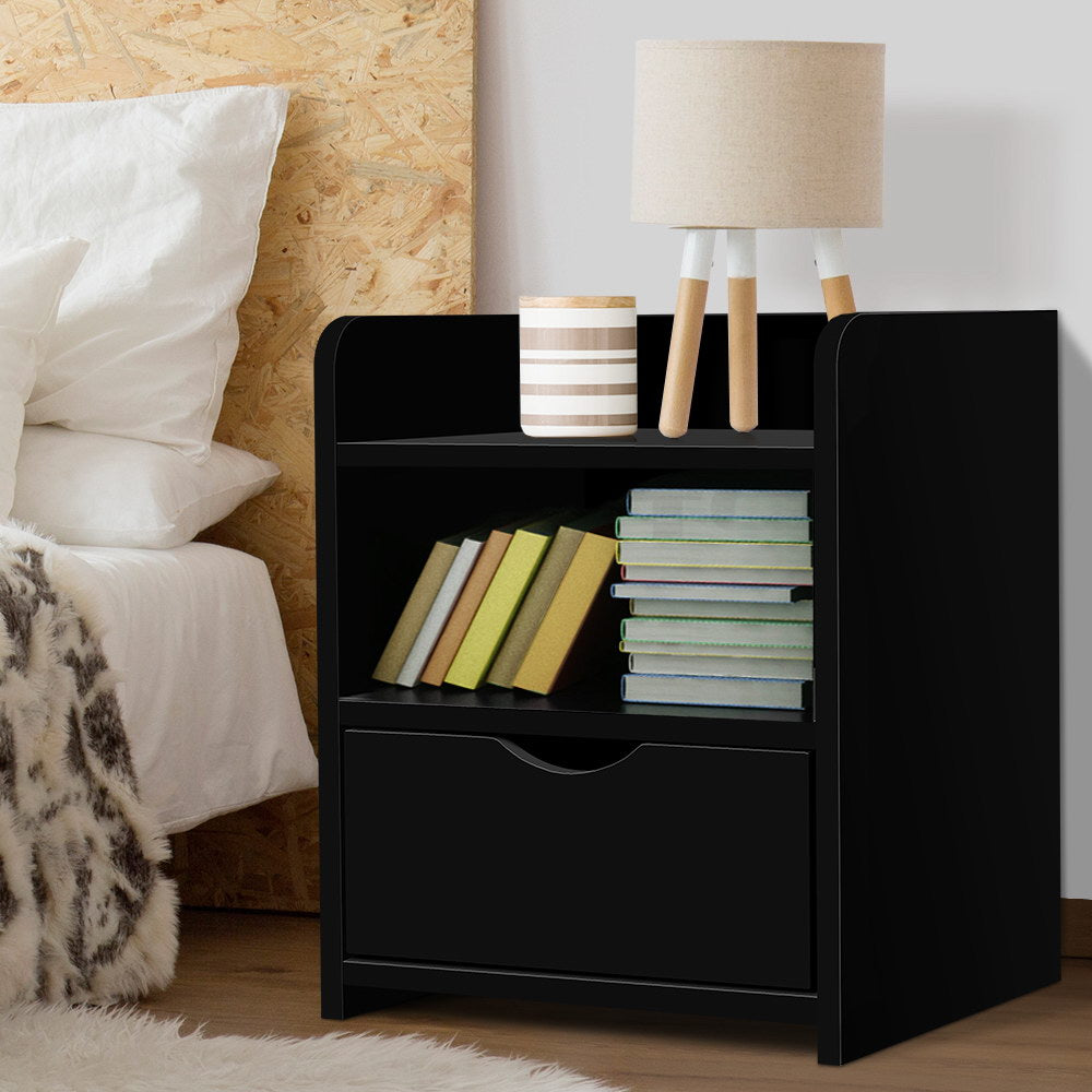Fara Bedside Table with 1 Drawer and Shelf Black