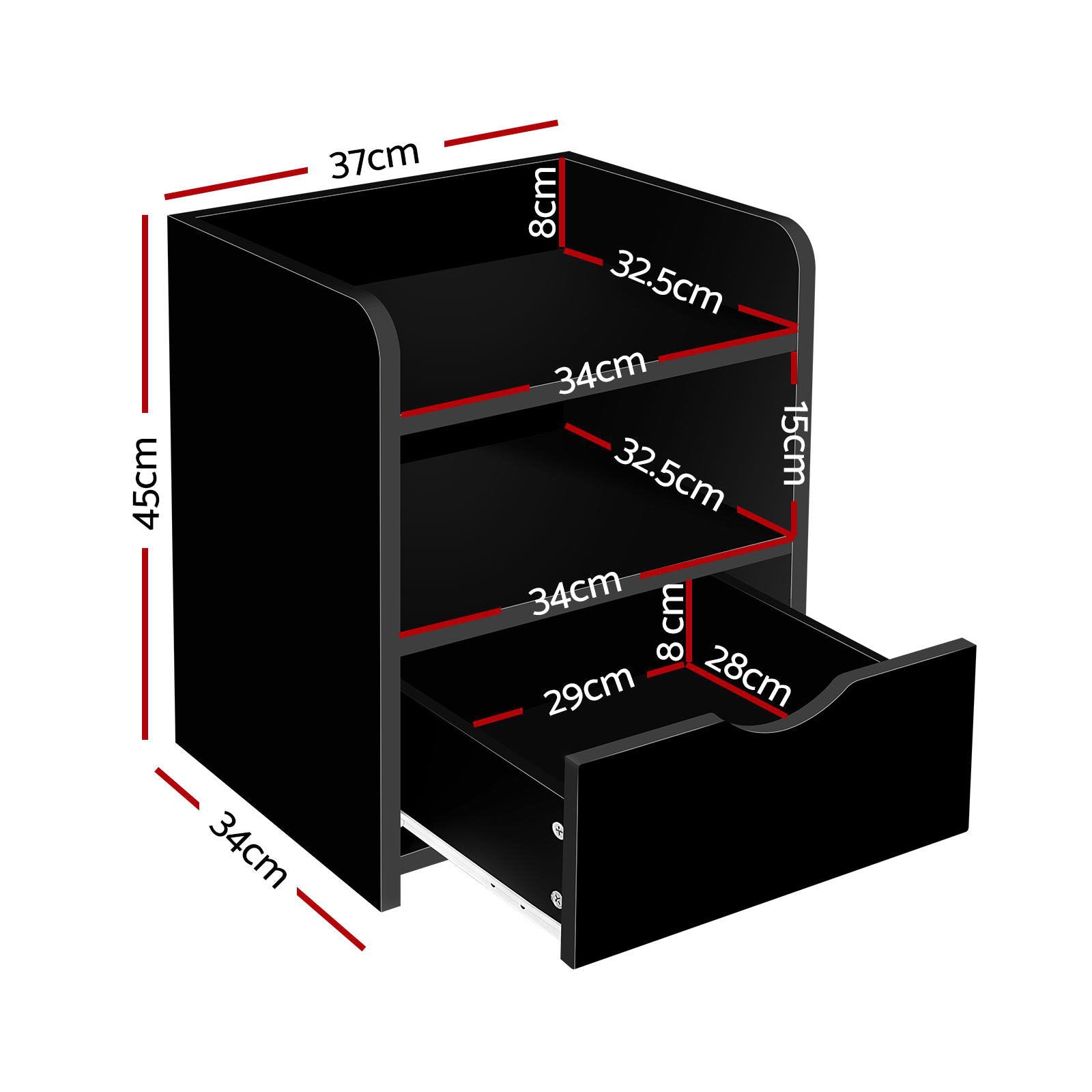 FARA Black Bedside Table Set 1 Drawer Shelf