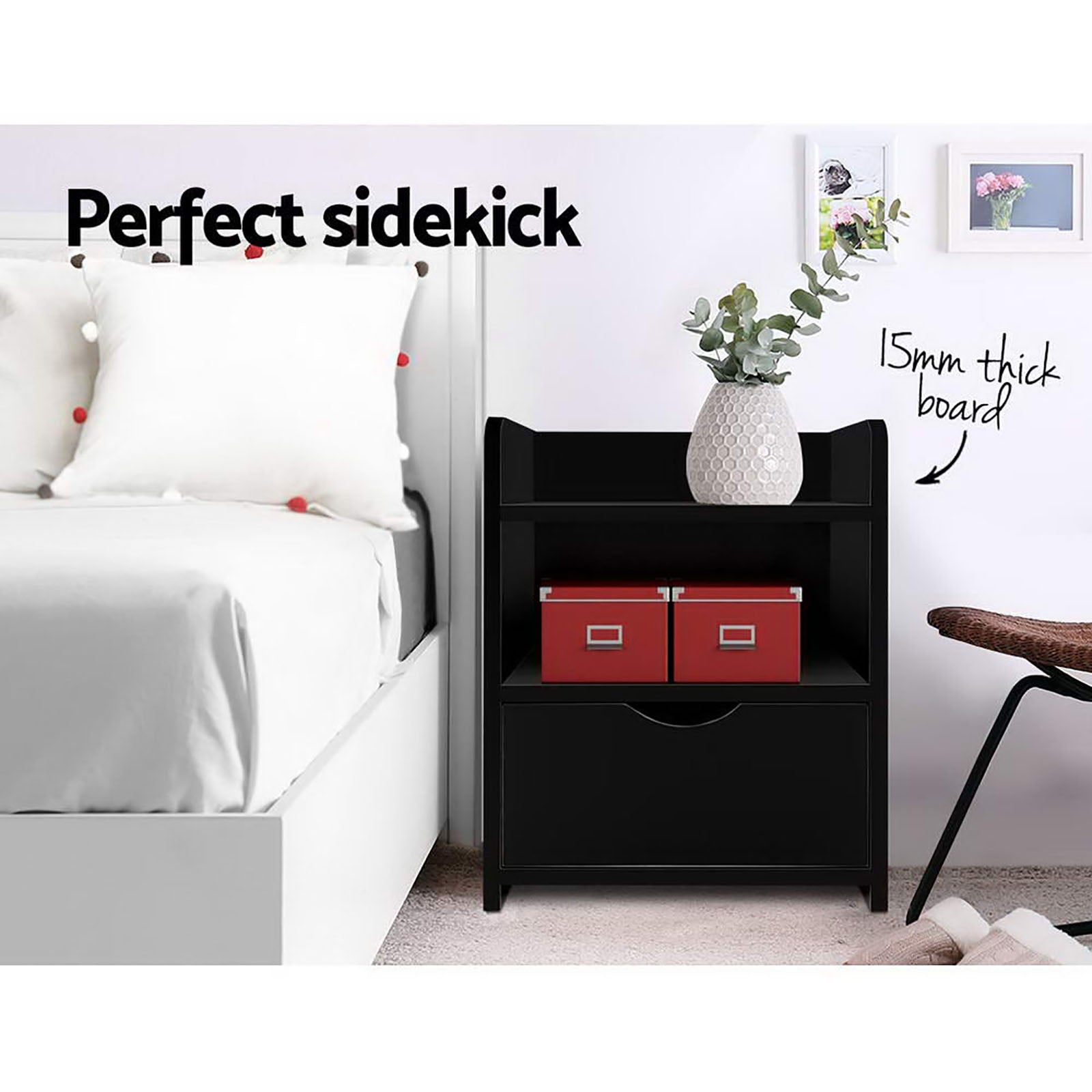 FARA Black Bedside Table Set 1 Drawer Shelf