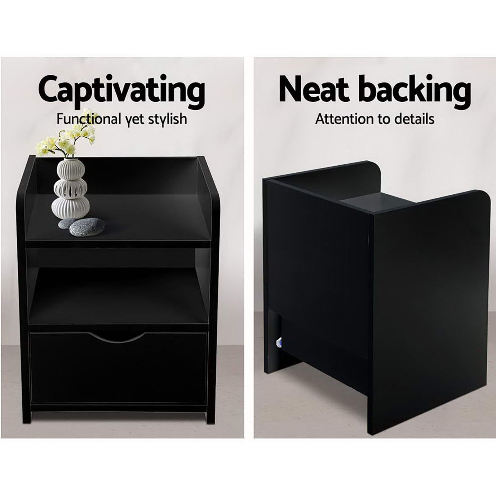 FARA Black Bedside Table Set 1 Drawer Shelf