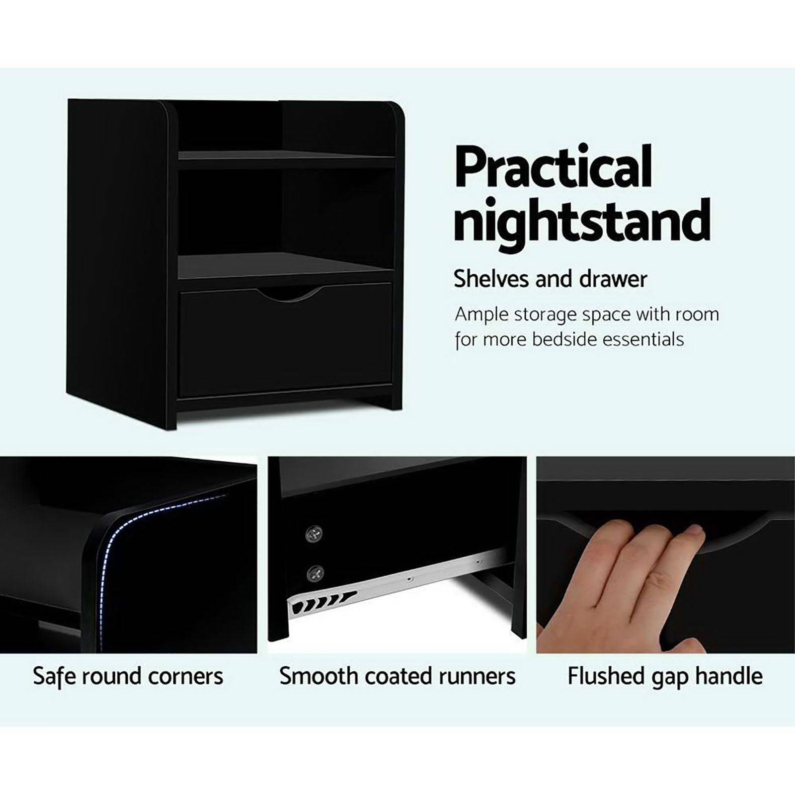 FARA Black Bedside Table Set 1 Drawer Shelf