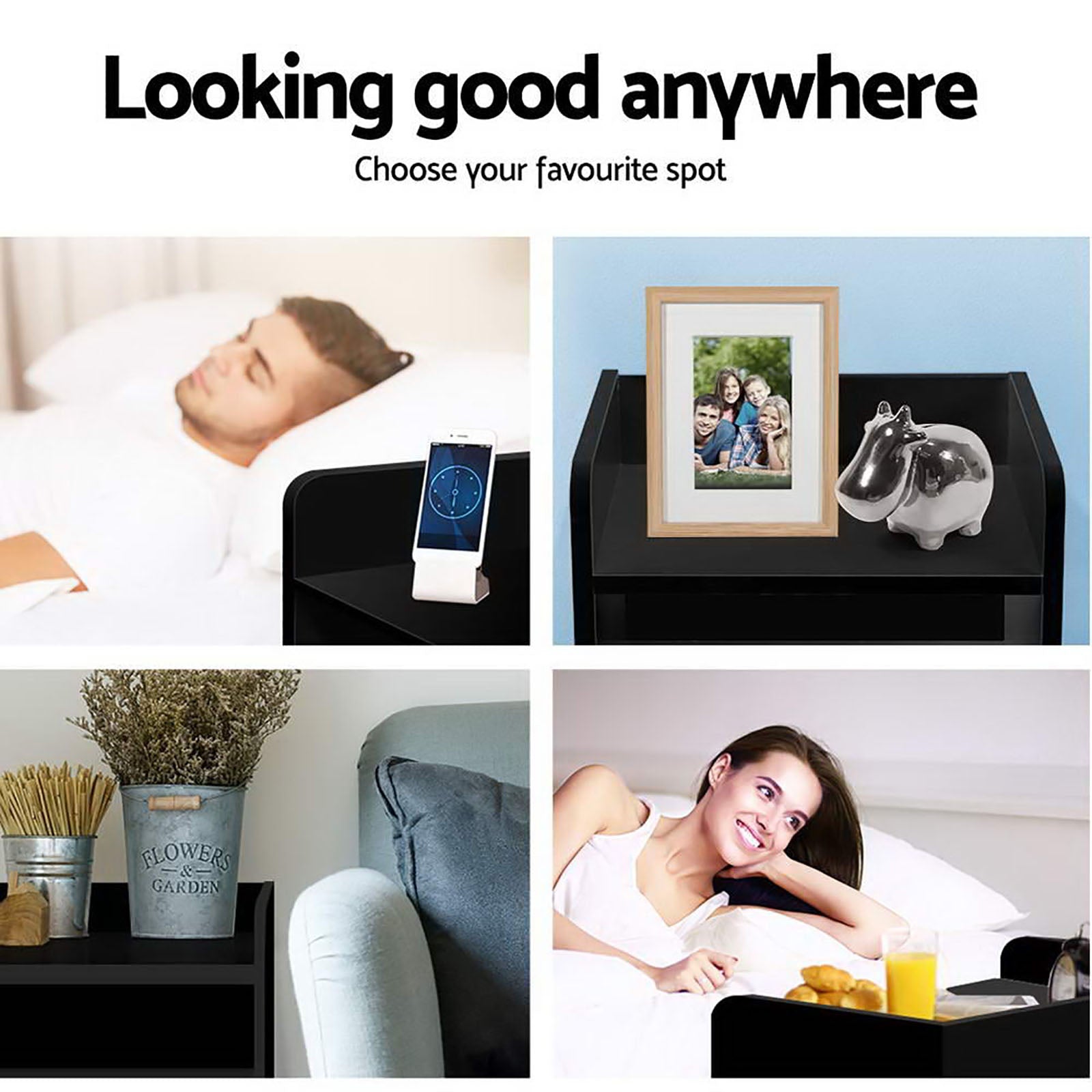 FARA Black Bedside Table Set 1 Drawer Shelf