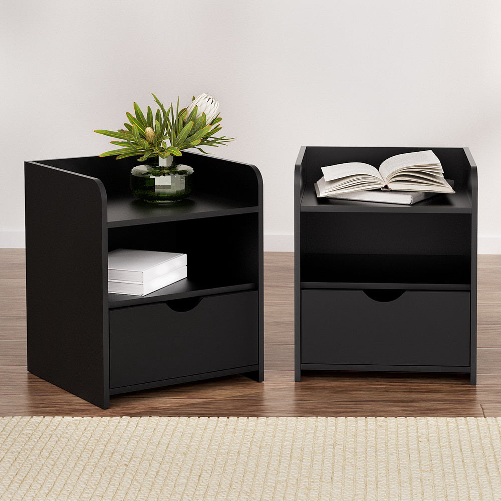 FARA Black Bedside Table Set 1 Drawer Shelf