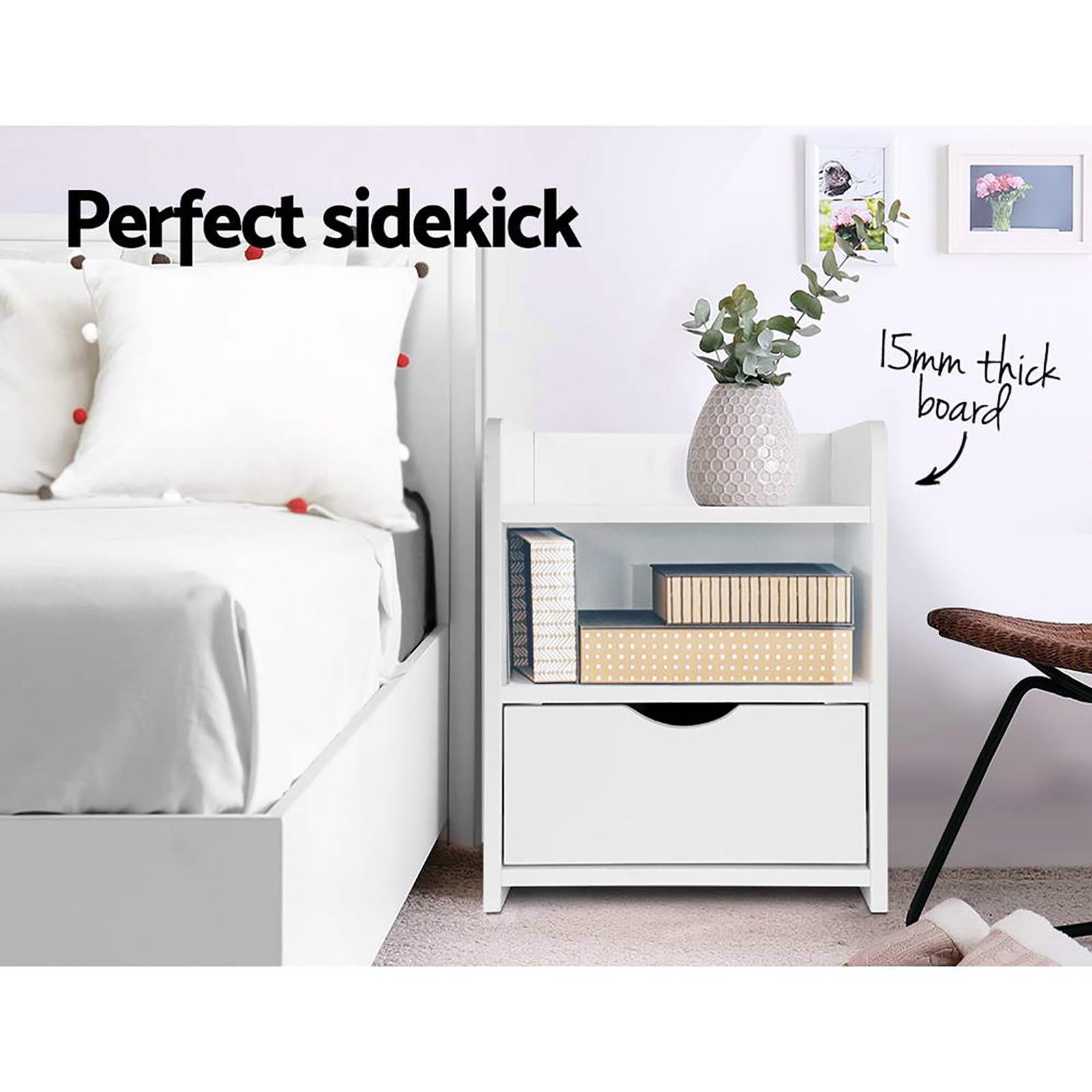 FARA White Bedside Table Set 1 Drawer Shelf