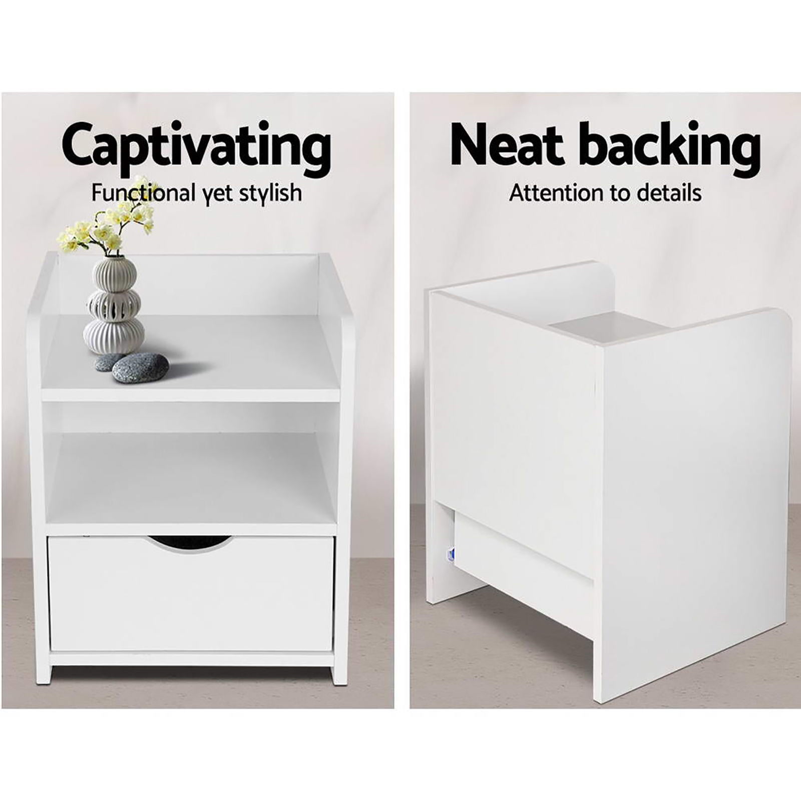FARA White Bedside Table Set 1 Drawer Shelf