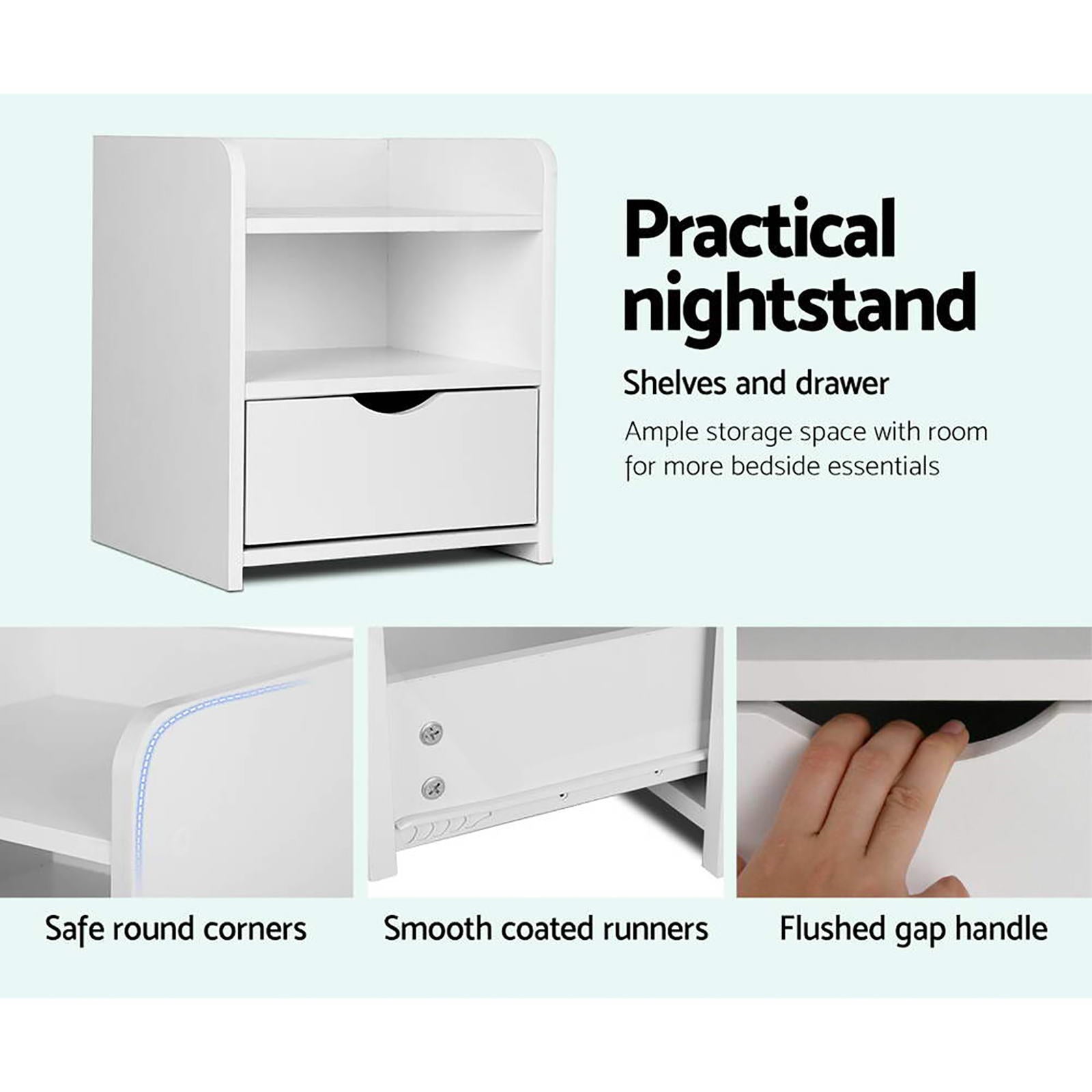 FARA White Bedside Table Set 1 Drawer Shelf