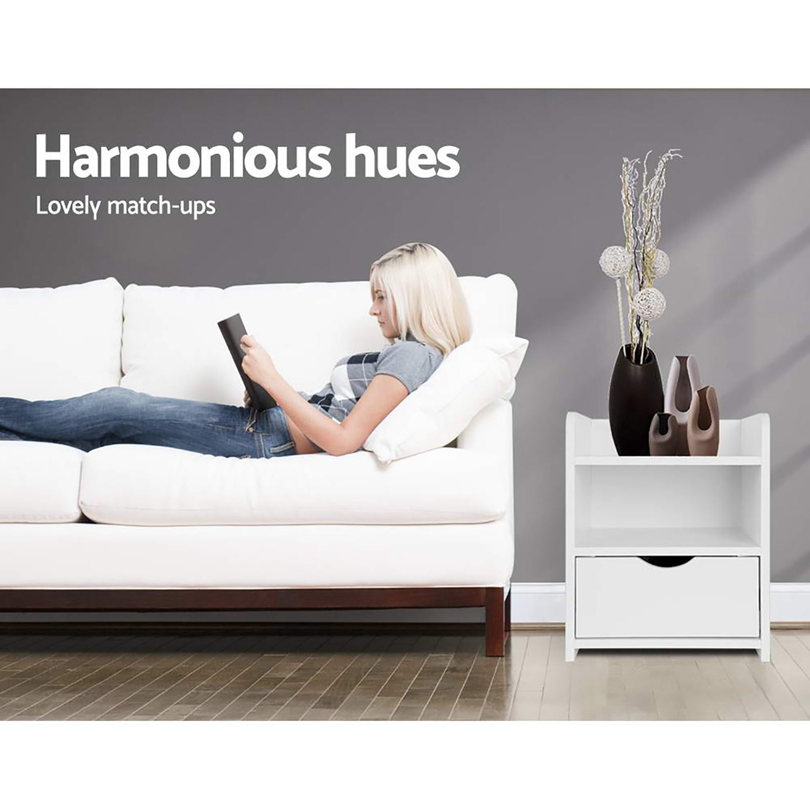 FARA White Bedside Table Set 1 Drawer Shelf