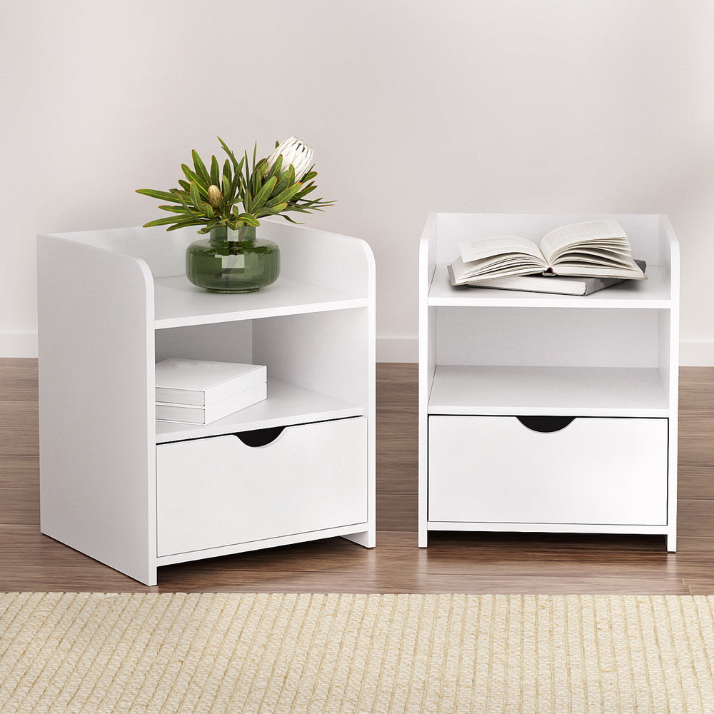 FARA White Bedside Table Set 1 Drawer Shelf