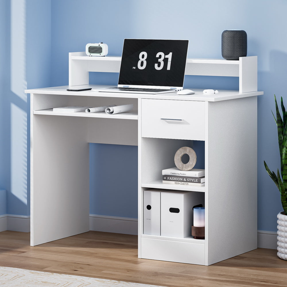 White 100CM Computer Desk with Shelf and Drawer