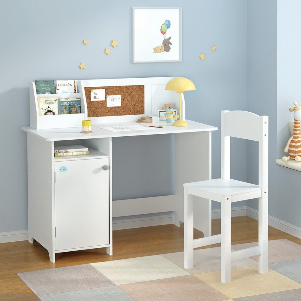 Keezi Kids Table and Chair Set with Storage Cabinet White/Natural