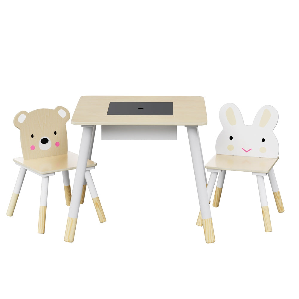 Keezi Kids 3PCS Activity Table and Chairs Set Chalkboard Hidden Storage Natural