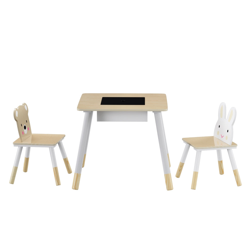 Keezi Kids 3PCS Activity Table and Chairs Set Chalkboard Hidden Storage Natural