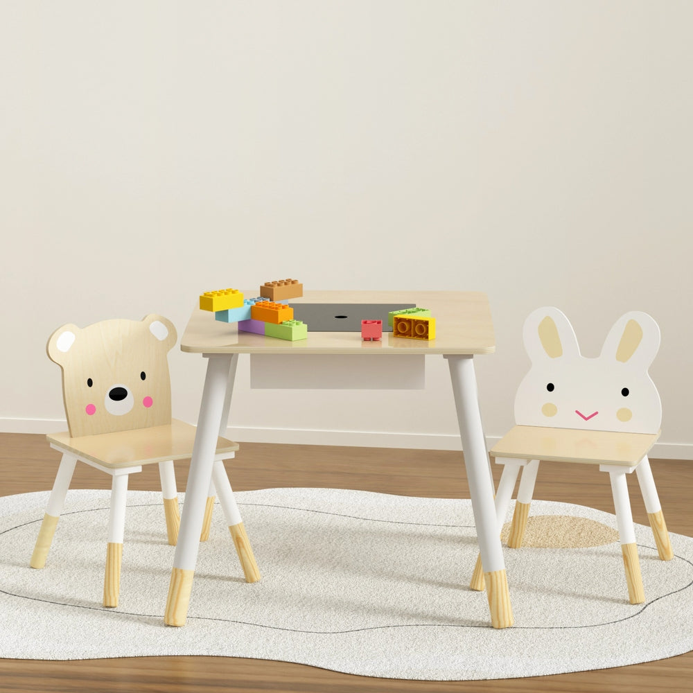 Keezi Kids 3PCS Activity Table and Chairs Set Chalkboard Hidden Storage Natural