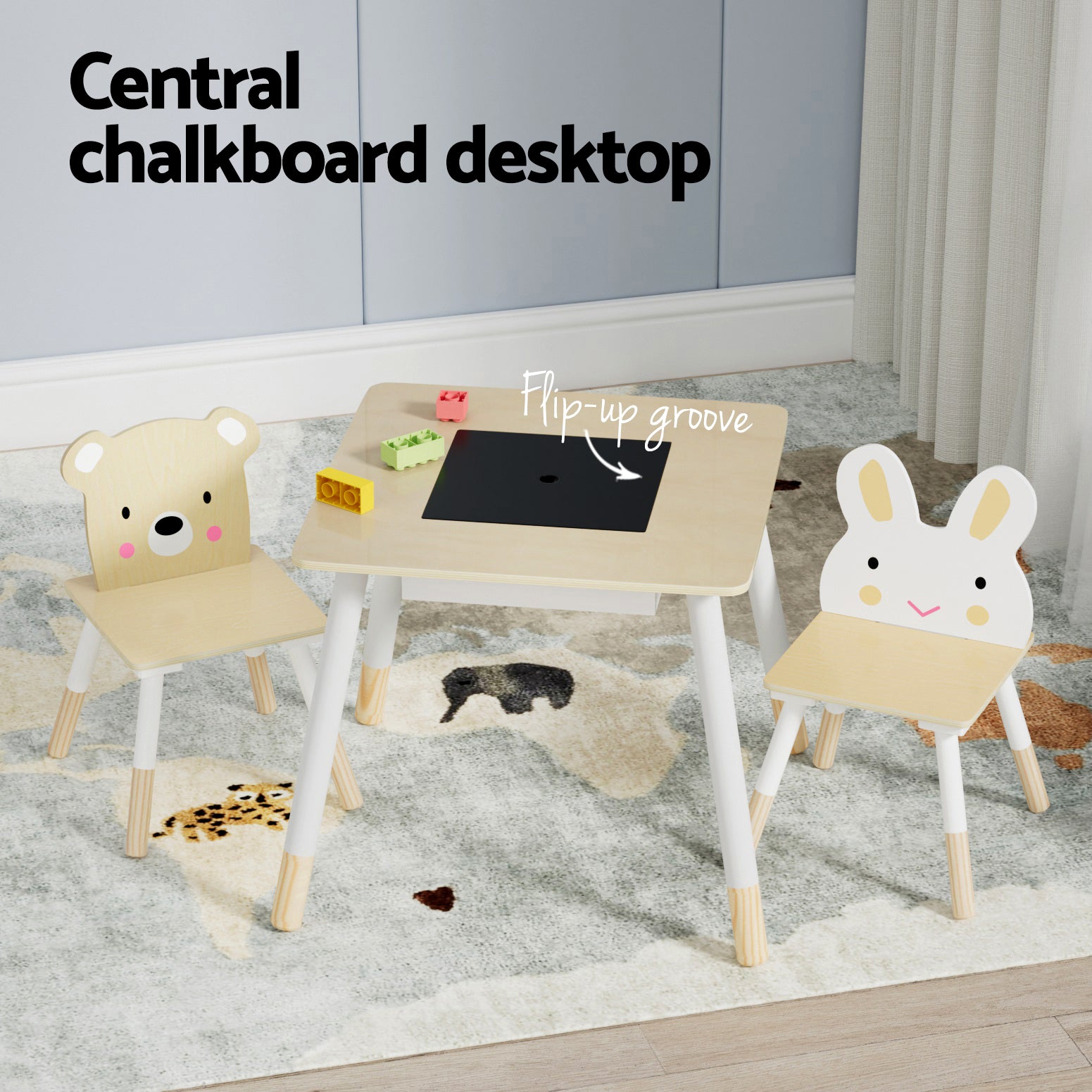Keezi Kids 3PCS Activity Table and Chairs Set Chalkboard Hidden Storage Natural