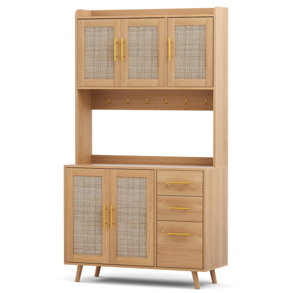 Artiss Buffet Sideboard Hutch Storage Cabinet Kitchen Cupboard Hooks Rattan Pine