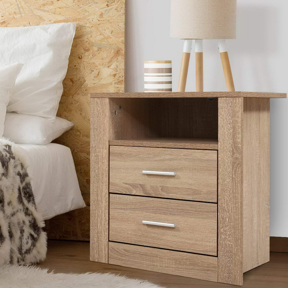 TARA Oak Bedside Table 2 Drawers Shelf