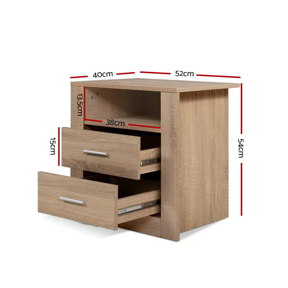 TARA Oak Bedside Table 2 Drawers Shelf