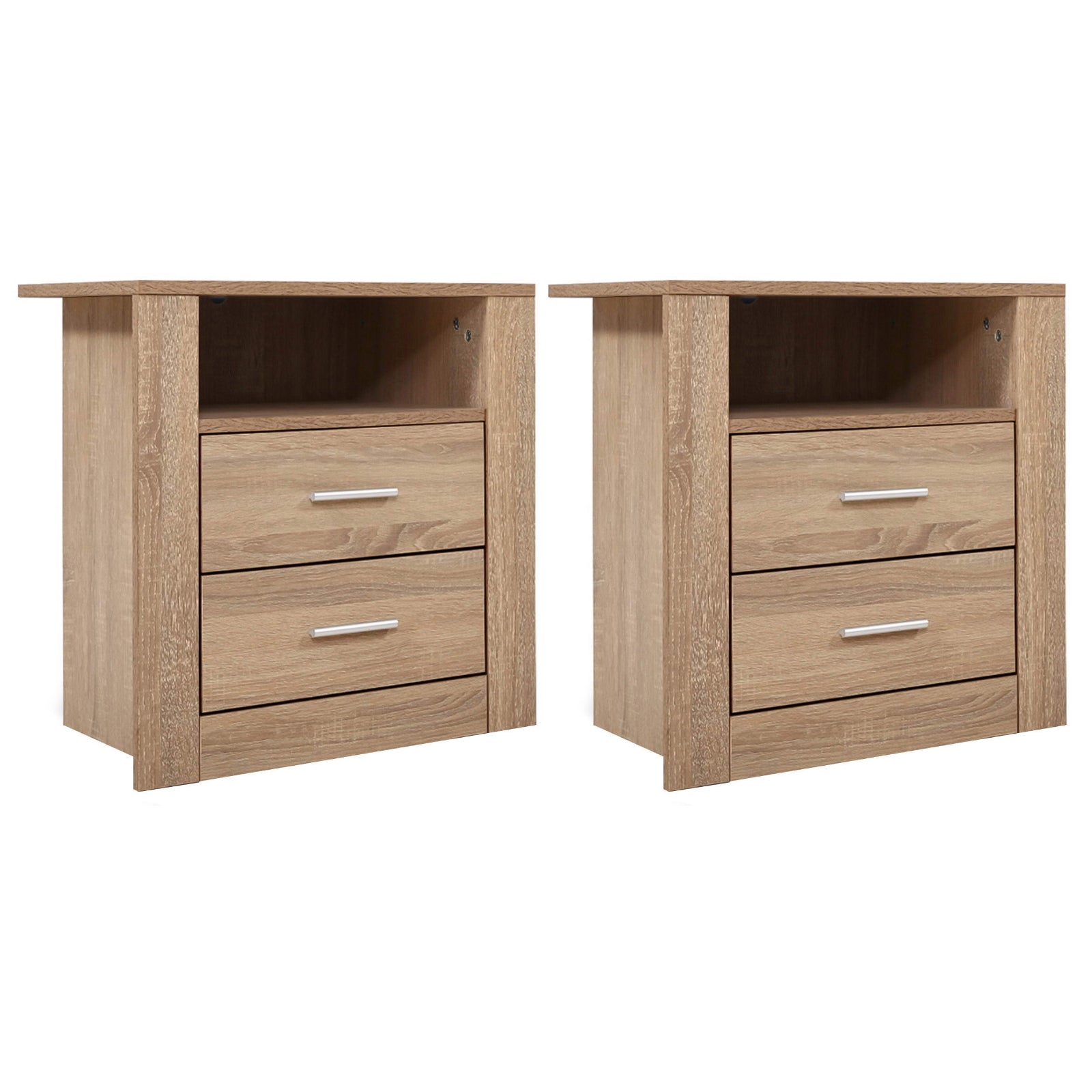 TARA Oak Bedside Tables 2 Drawers with Shelf Set of 2