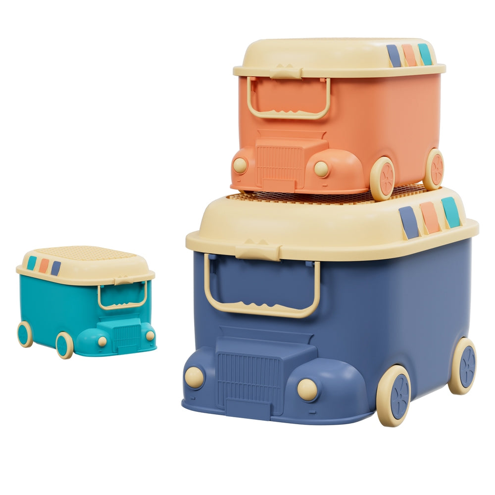 Keezi 3PCS Kids Toy Storage Box Car Design Blue/Orange/Green