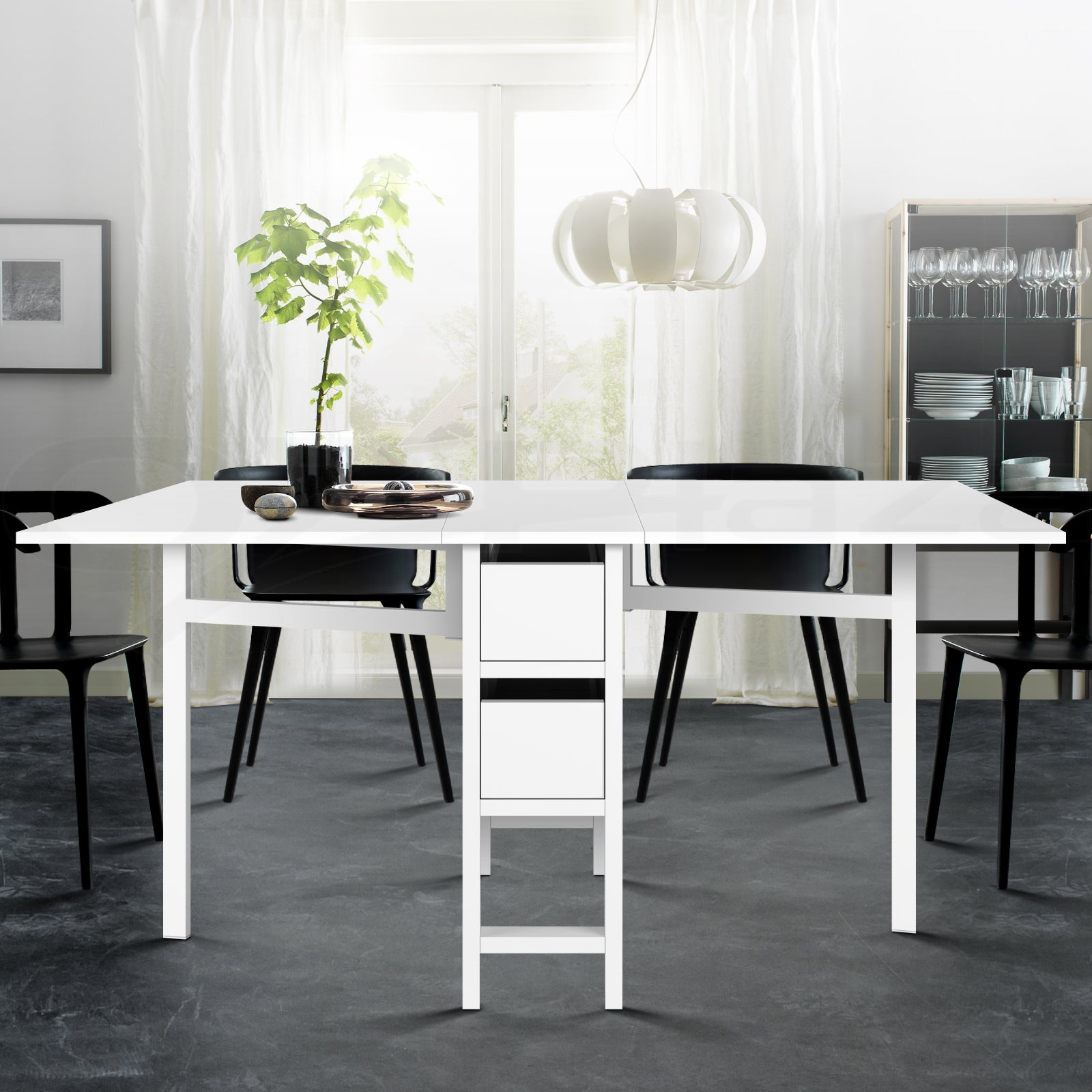 Extendable Rectangular Dining Table White MDF Iron Legs