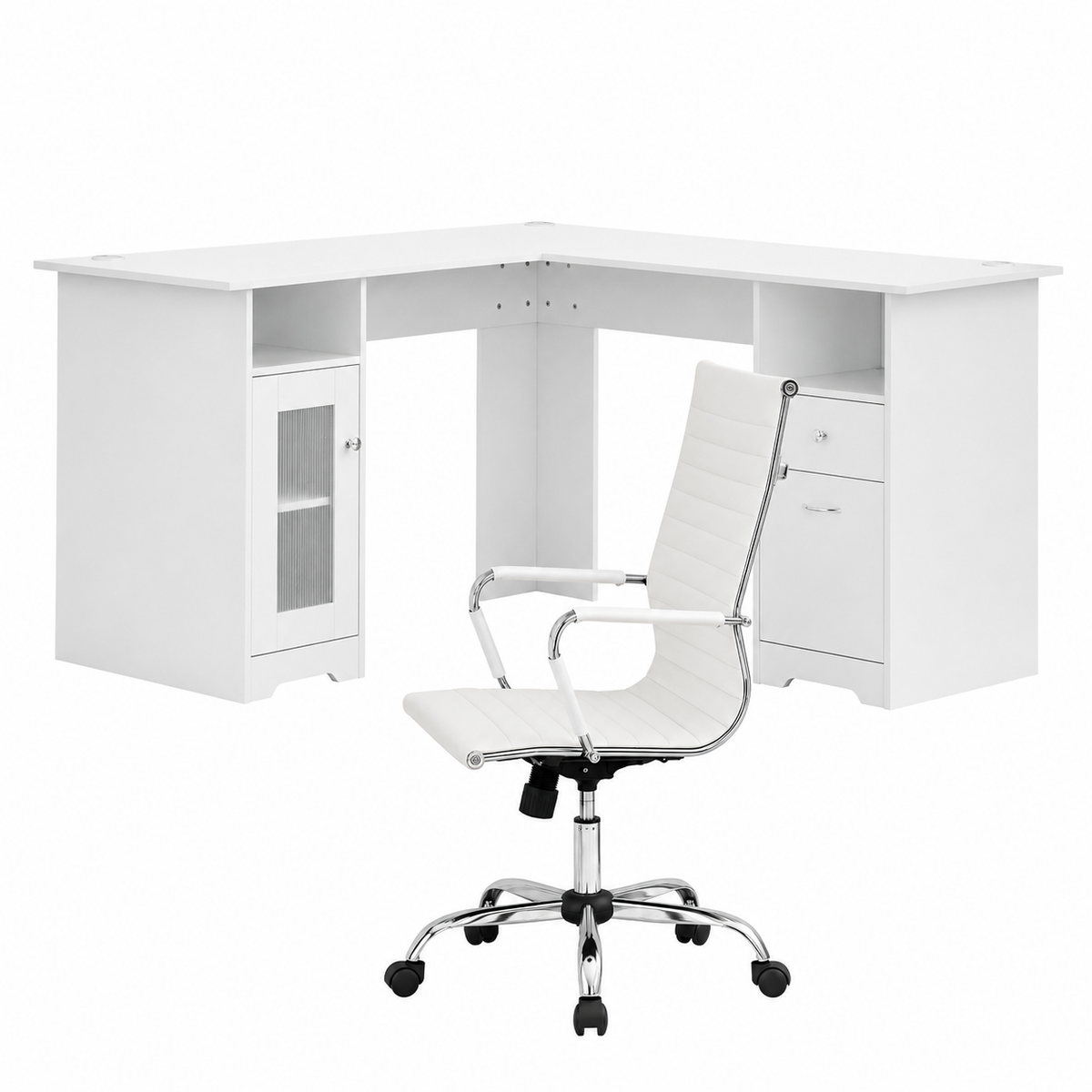 Artiss Office Desk and Chair Set 150cm L-Shape Computer Desk White