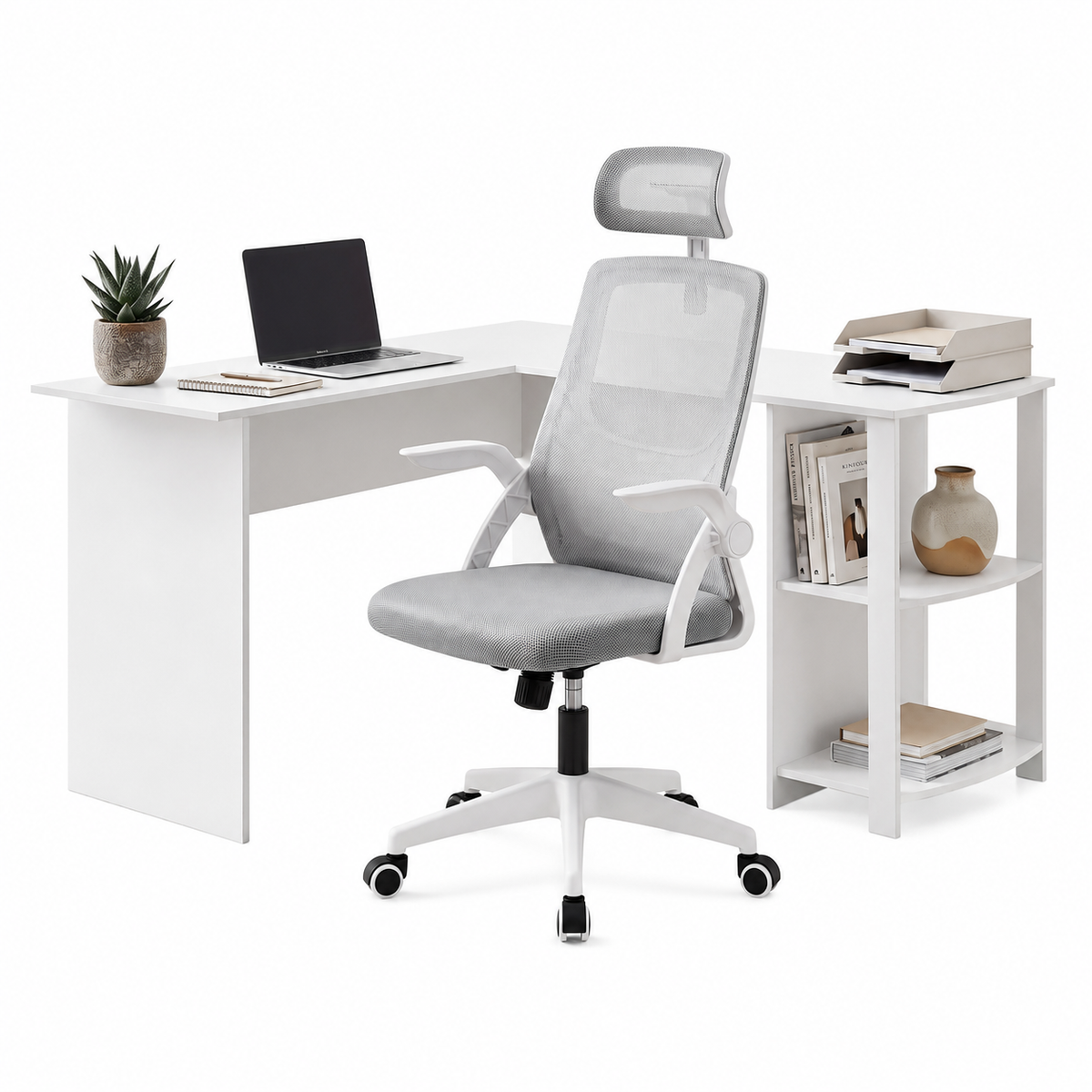 Artiss L-Shaped Home Office Desk and Mesh Chair Set 136cm