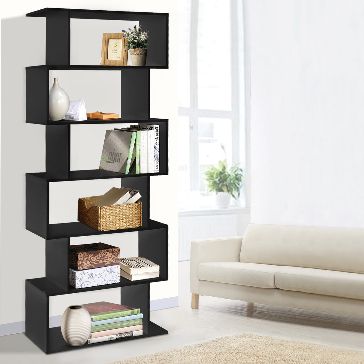 Riva S-Shape Display Bookshelf, 6 Tiers, Black